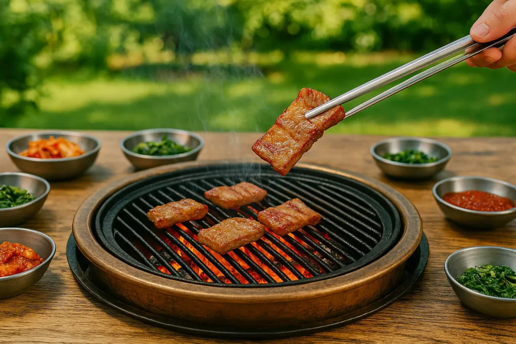 Glühende Holzkohle unter einem Grillrost mit Fleisch für authentisches Hwaro-gui