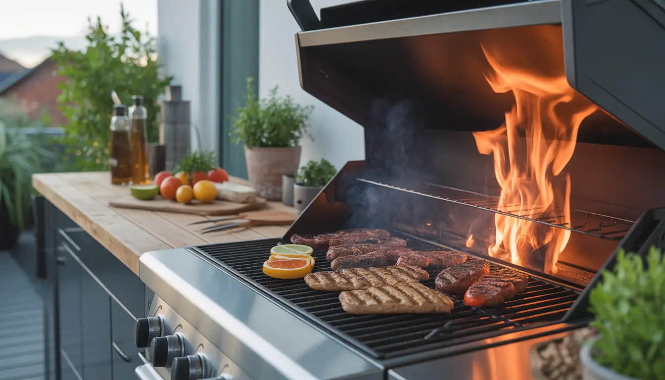 Ein rauchender Hwaro Grill auf einem deutschen Balkon mit Tipps zur Rauchvermeidung.