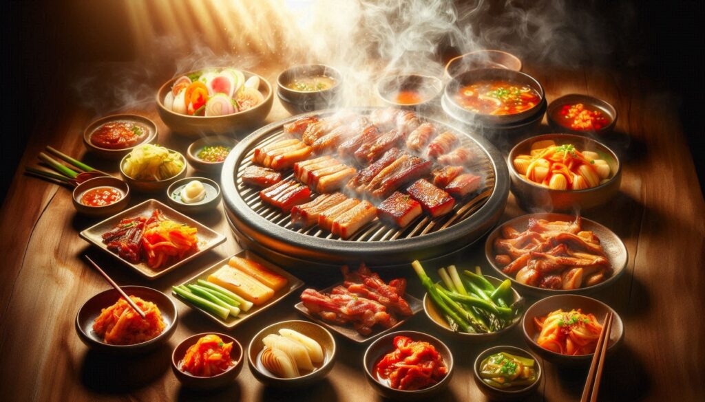 Mariniertes Rindfleisch und Schweinebauch für koreanisches BBQ Hwaro-gui