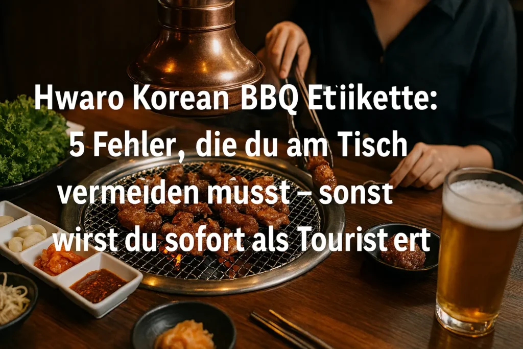 Ein reich gedeckter Tisch mit Banchan-Schalen und einem traditionellen Hwaro-Holzkohlegrill in der Mitte, der die korrekte Anordnung beim koreanischen Essen zeigt.