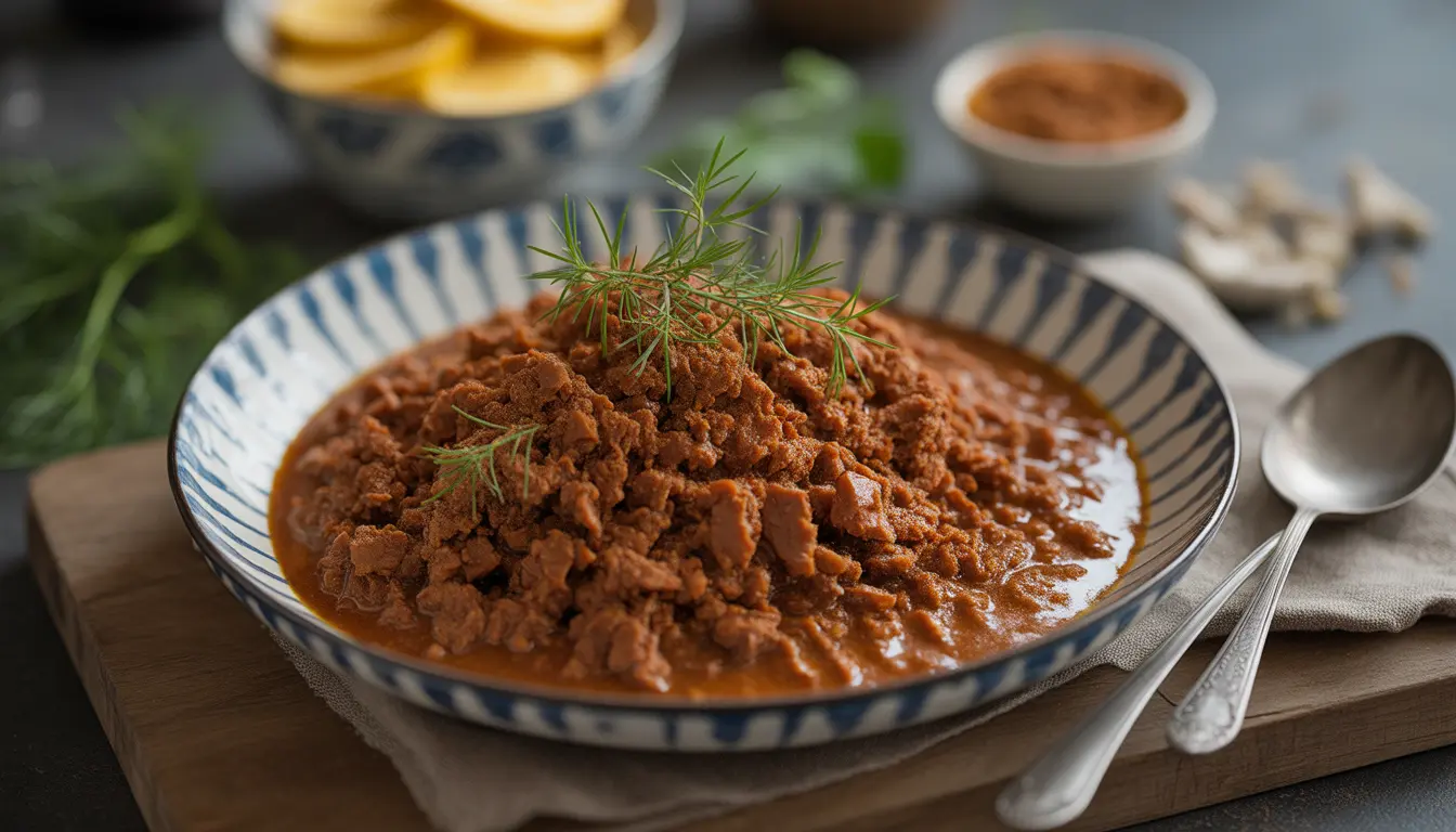 Detailansicht von dunklem, fast trockenem Rindfleisch-Rendang mit karamellisierter Kokosnuss-Gewürzpaste ohne flüssige Sauce.