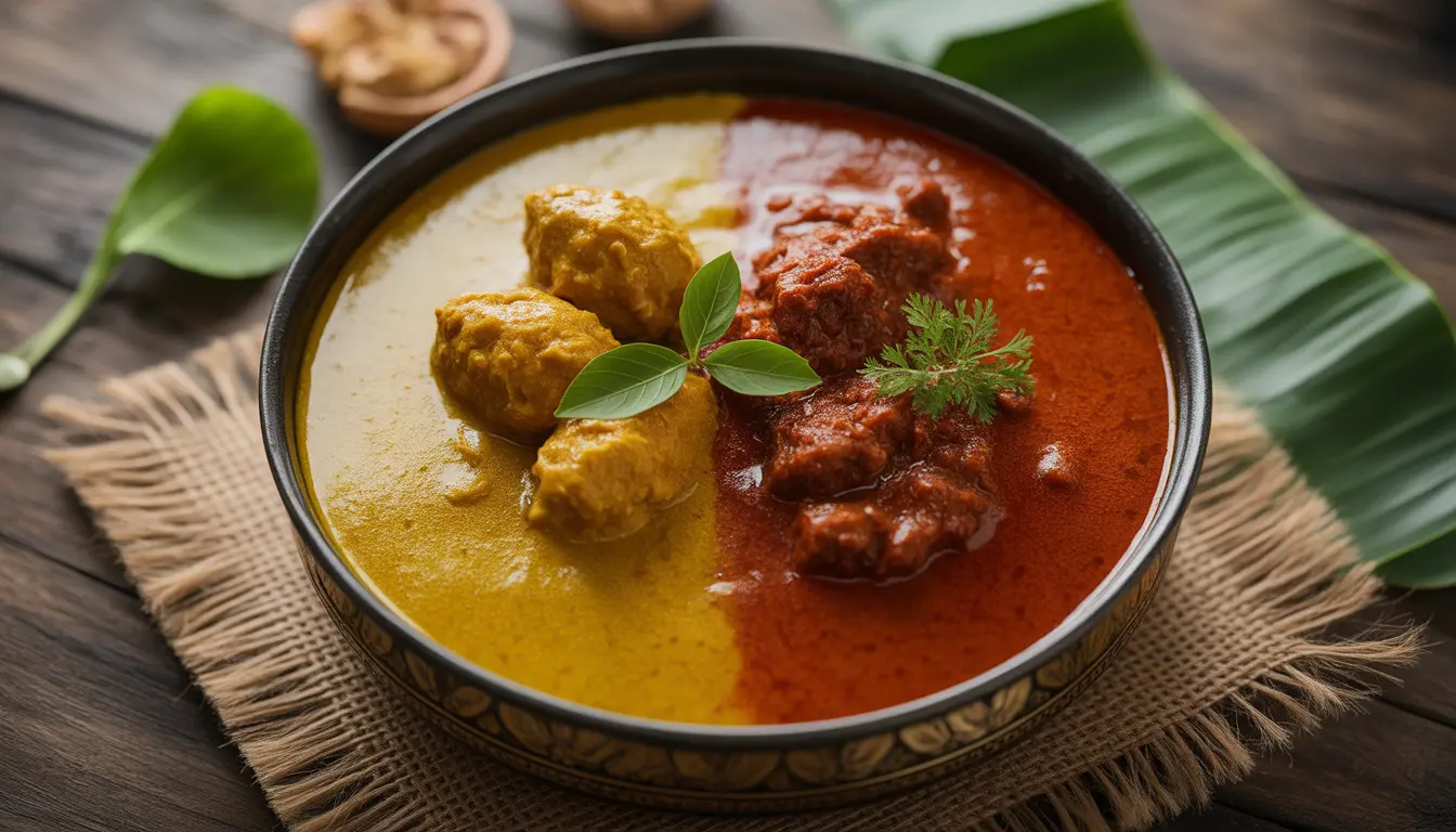 Gegenüberstellung von indischem Rindercurry in gelber Sauce und trockenem indonesischem Rendang, präsentiert auf einem rustikalen Holztisch.