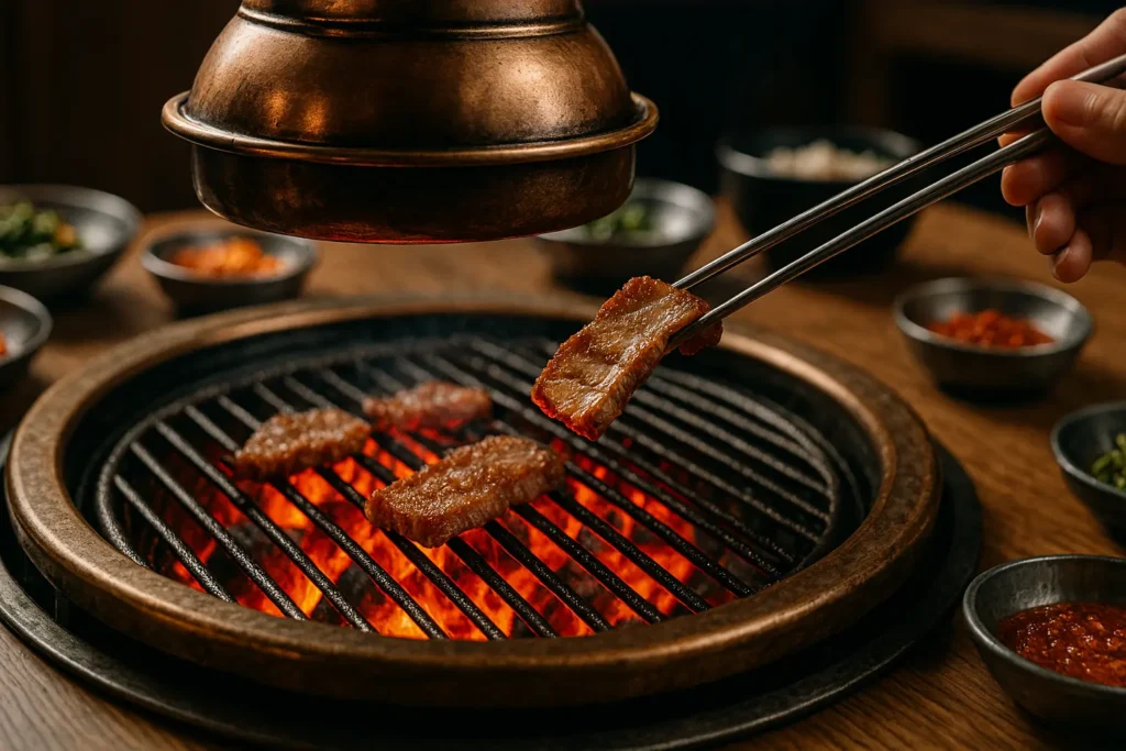 Nahaufnahme der glühenden Kohlen und Infrarot-Hitze in einem koreanischen Hwaro Grill