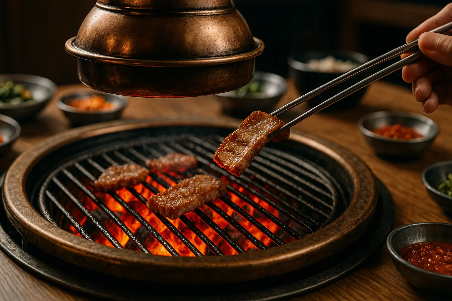 Nahaufnahme der glühenden Kohlen und Infrarot-Hitze in einem koreanischen Hwaro Grill