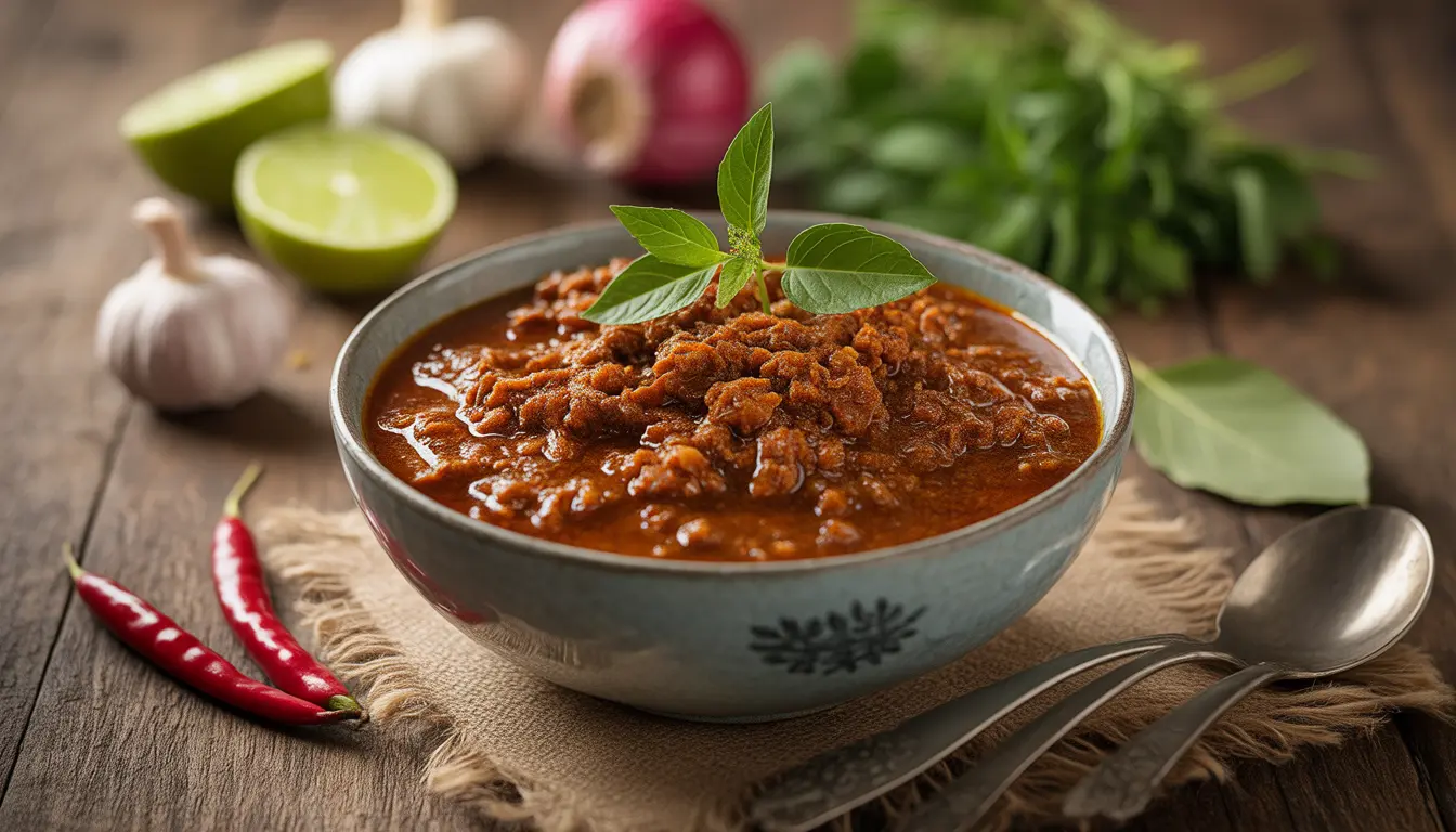 Eine Schüssel Rendang mit Fokus auf gesunde Gewürze wie Kurkuma, Ingwer und Zitronengras, Nährwert-Check im 16:9 Format.