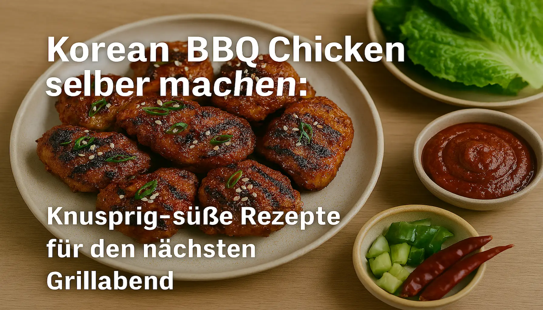 Nahaufnahme von Hähnchenschenkeln in einer rötlichen Gochujang-Marinade, die auf einem Gitterrost über glühender Kohle brutzeln.