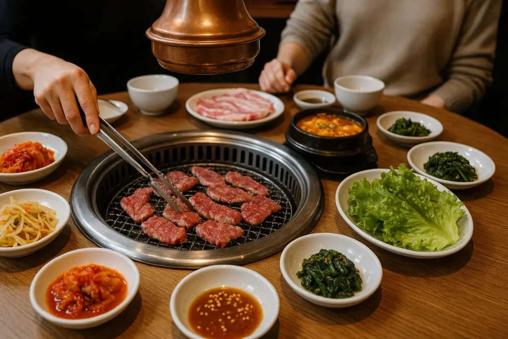 Eine belebte Straßenszene der Immermannstraße in Düsseldorf mit verschiedenen koreanischen Restaurants und Schildern.