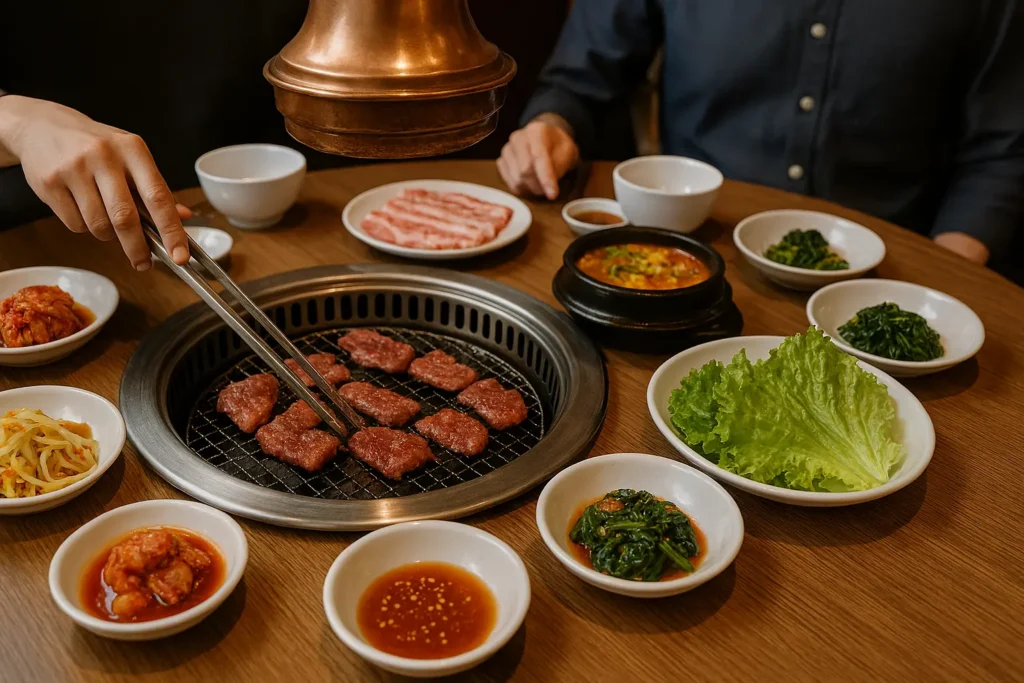 Eine nächtliche Ansicht der Frankfurter Skyline im Hintergrund, im Vordergrund ein brutzelnder Tischgrill in einem gemütlichen Restaurant.