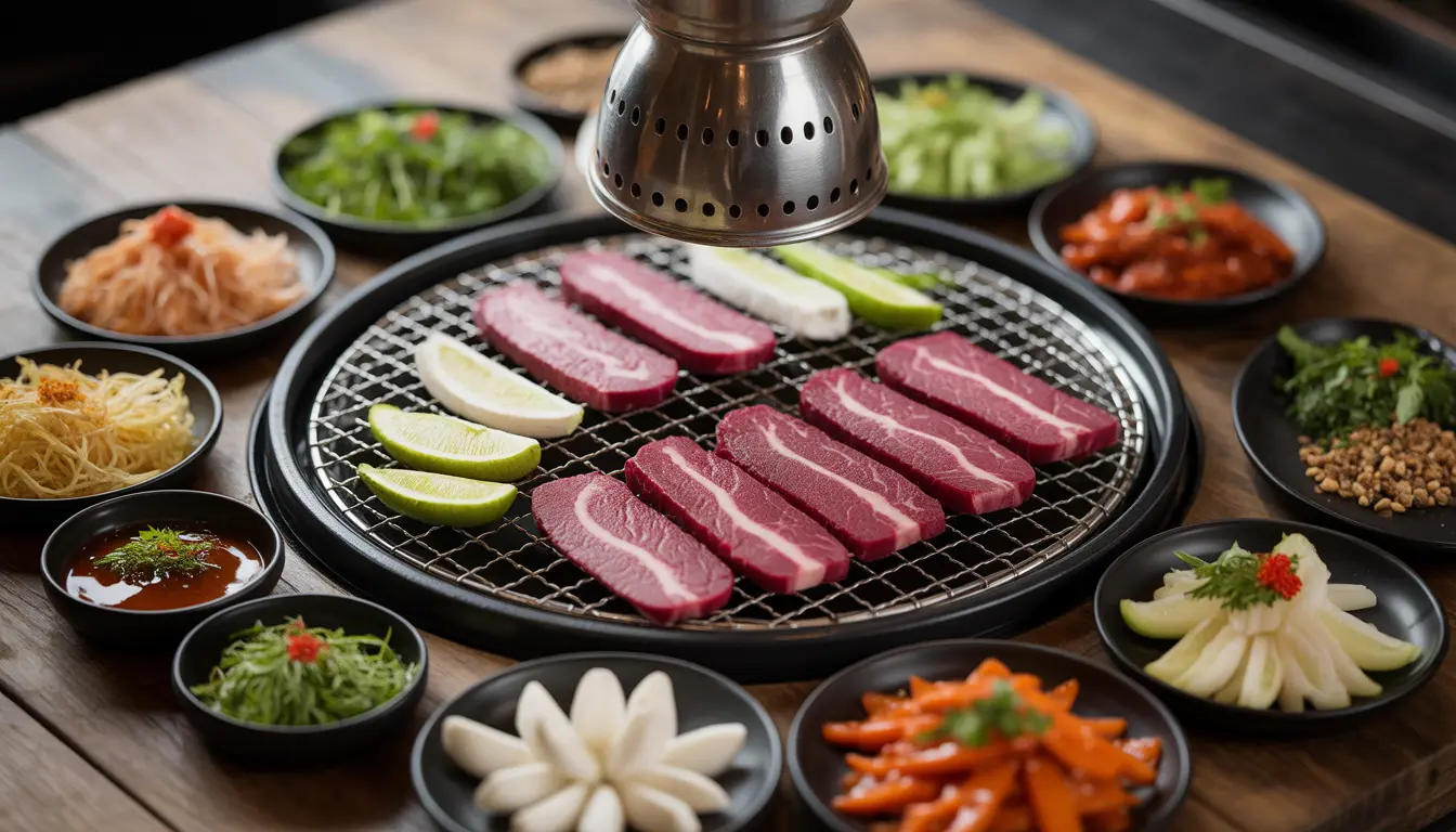 eich gedeckter Tisch mit verschiedenen Fleischsorten und vielen Beilagen in einem Hamburger Korean BBQ Restaurant.