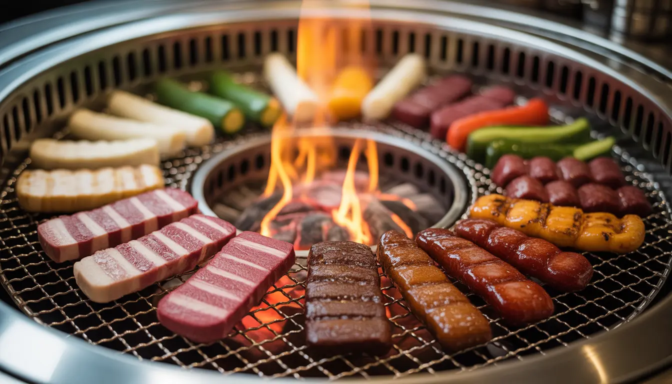 Eine Collage oder geteilte Ansicht, die zwei verschiedene Korean BBQ Settings in Berlin und Hamburg zeigt, mit Fokus auf den brutzelnden Grill.