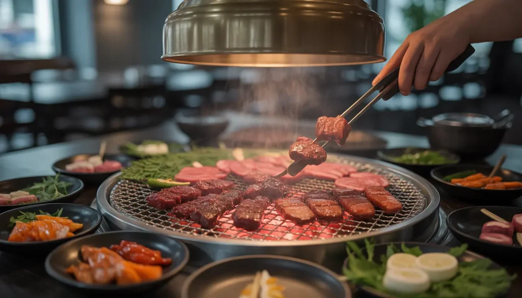 Ein gemütliches Restaurant-Setting in München mit Fokus pada Tischgrill, frischem Fleisch und vielfältigen Banchan.