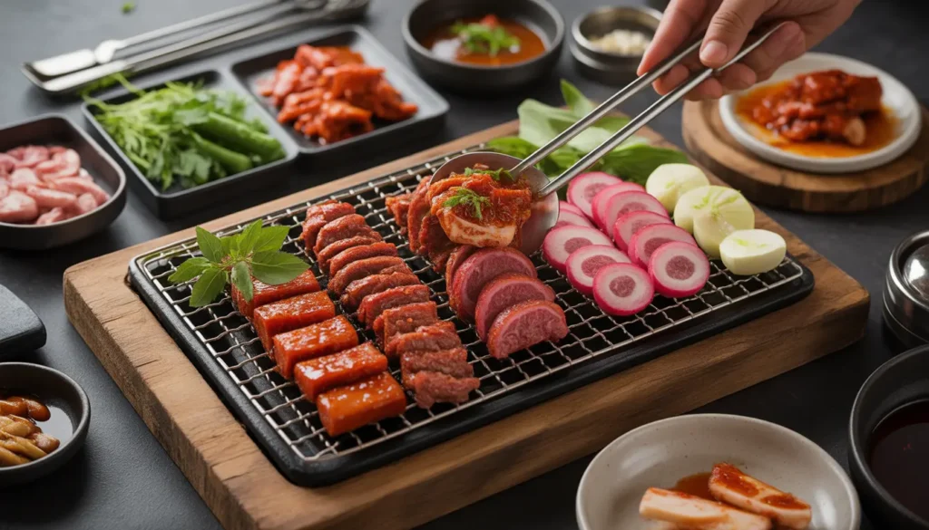 Ein verliebtes Paar sitzt gemeinsam am Tisch in einem gemütlichen Korean BBQ Restaurant, während das Fleisch auf dem Grill zwischen ihnen brutzelt.