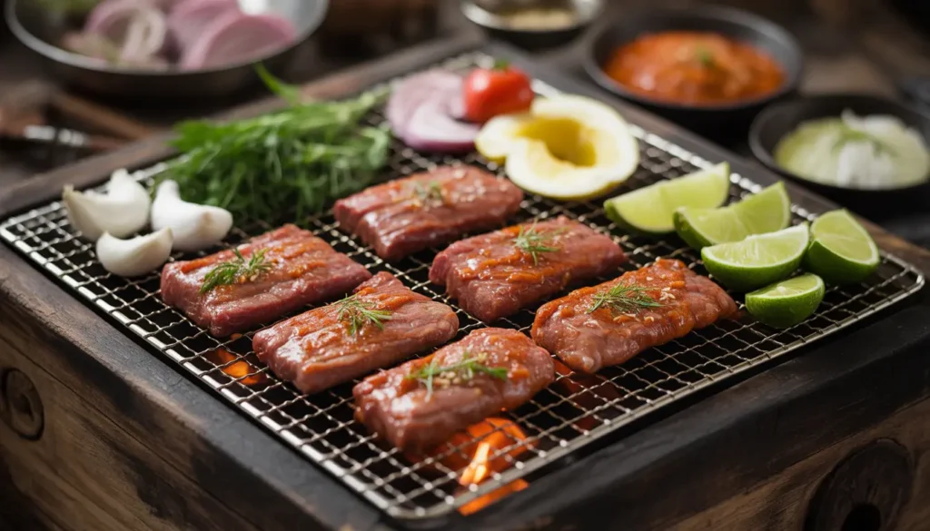 Eine Draufsicht auf fünf verschiedene Schalen mit koreanischen Marinaden (Bulgogi, Galbi, Spicy Pork) neben rohem Fleisch und einem Hwaro-Grill.