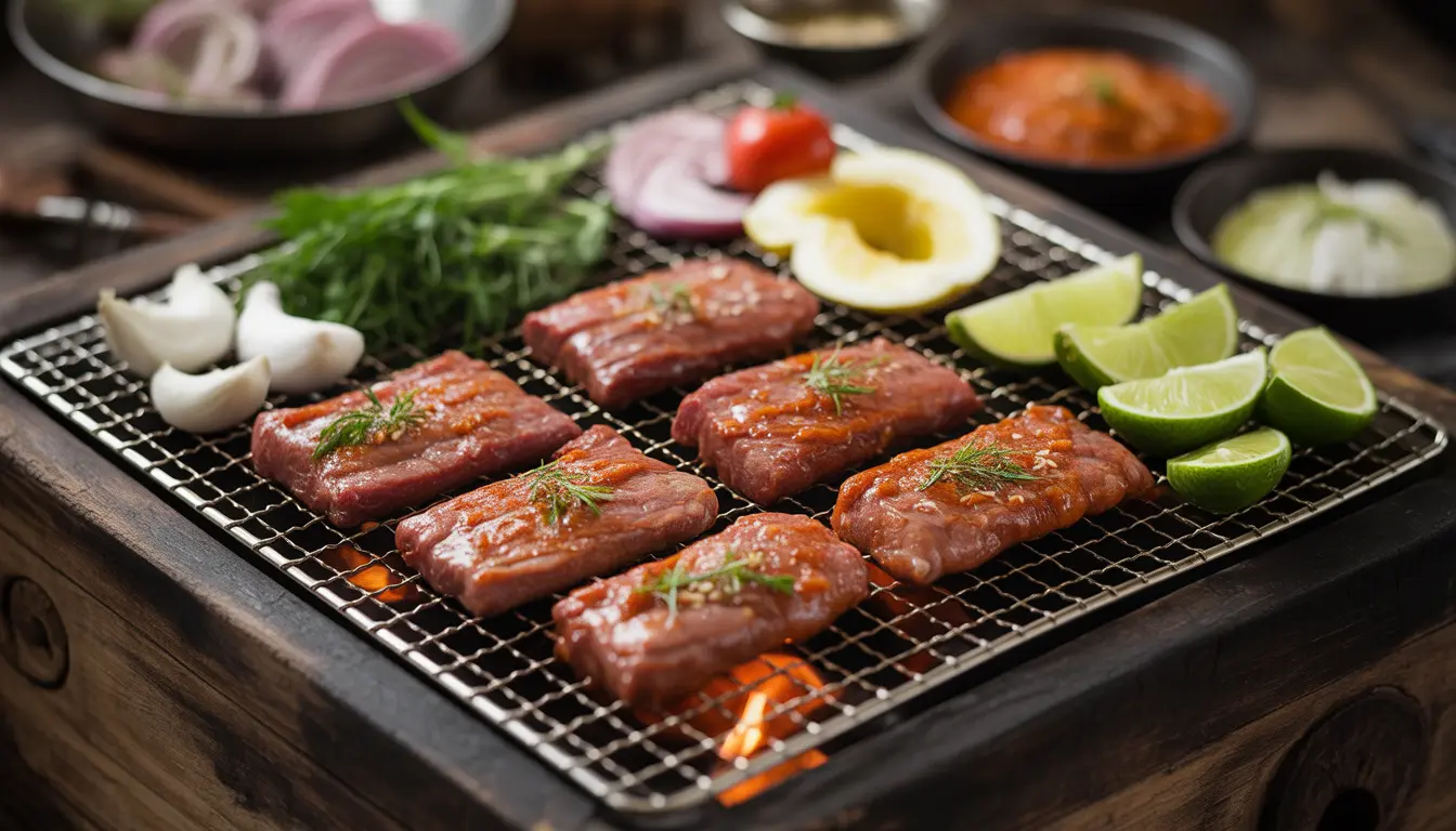 Eine Draufsicht auf fünf verschiedene Schalen mit koreanischen Marinaden (Bulgogi, Galbi, Spicy Pork) neben rohem Fleisch und einem Hwaro-Grill.