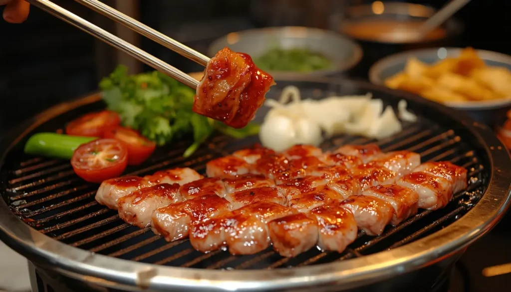 Eine Nahaufnahme einer Hand, die eine Metall-Grillzange über einem dampfenden Hwaro-Grill hält, während im Hintergrund andere Gäste zusehen.