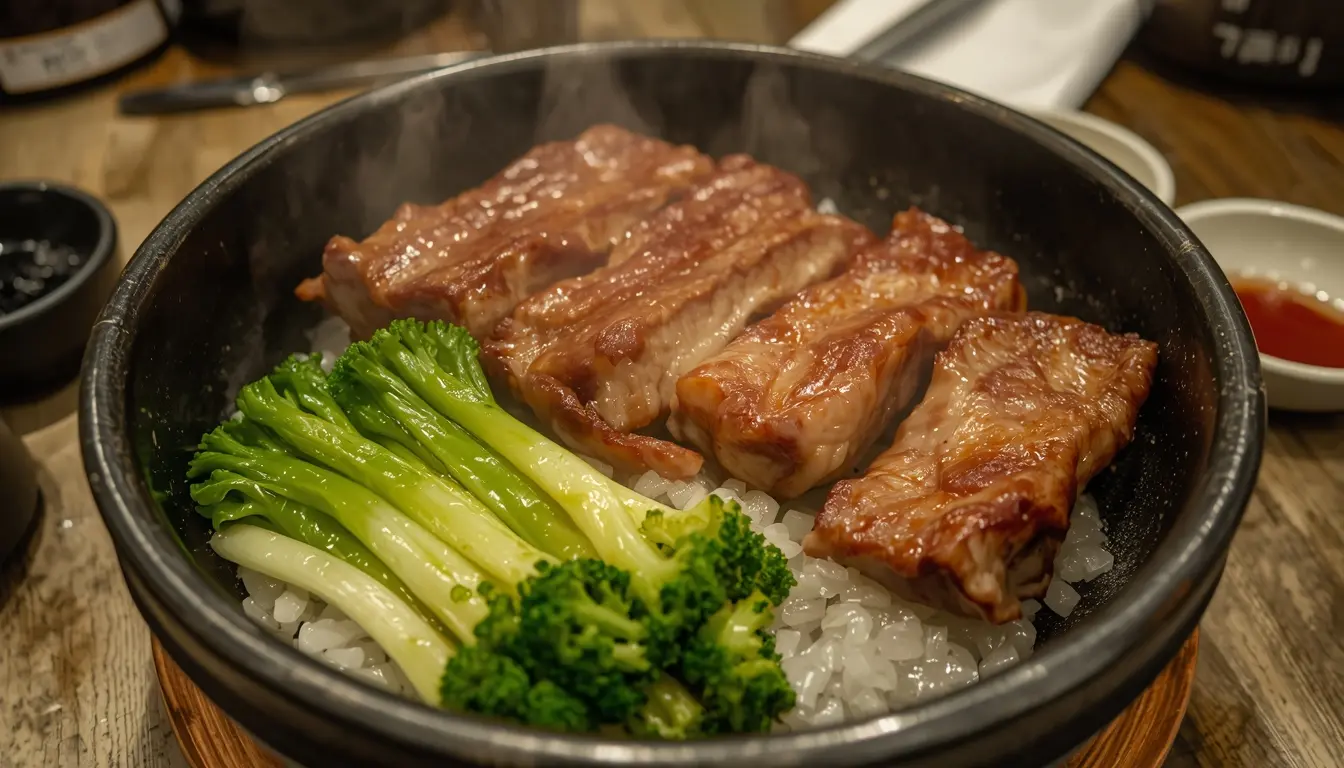 Eine Nahaufnahme einer handtellergroßen Ssam-Rolle aus einem frischen Salatblatt, gefüllt mit Fleisch, Reis und Ssamjang-Sauce.