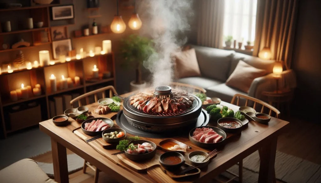 Traditioneller koreanischer Hwaro Grill auf einem Tisch mit gegrilltem Fleisch