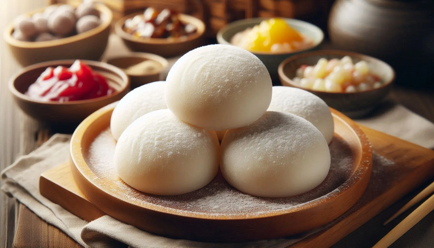 Selbstgemachte Mochi aus herkömmlichem Milchreis ohne Klebreismehl auf einem Teller serviert