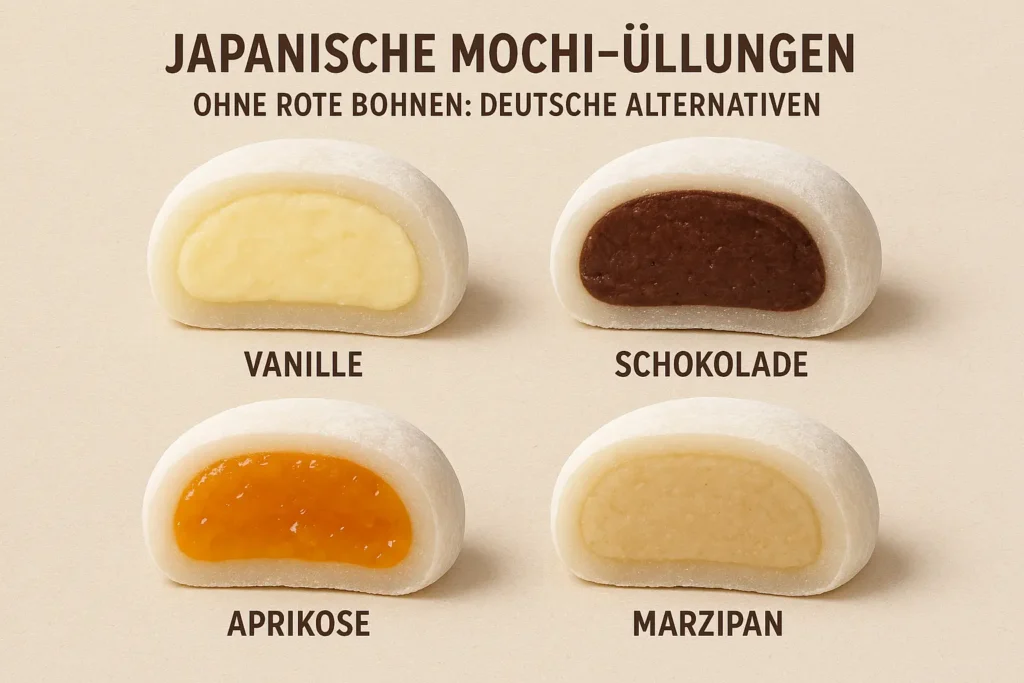 Verschiedene Mochi Füllungen ohne rote Bohnen wie Schokolade und Vanillecreme als deutsche Alternativen
