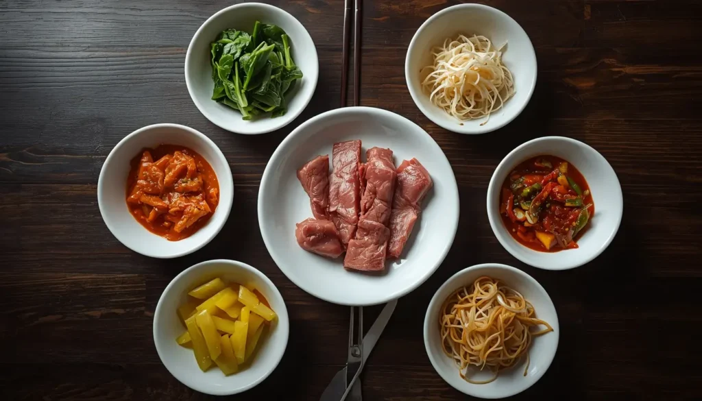 Korean BBQ Banchan Beilagen: Kimchi, Rettich und Blattspinat in kleinen Schälchen beim Ömi Nürnberg