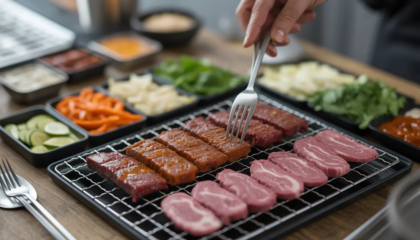Nahaufnahme von mariniertem Fleisch auf einem Tischgrill im Ömi Korean BBQ Nürnberg mit Beilagen im Hintergrund.