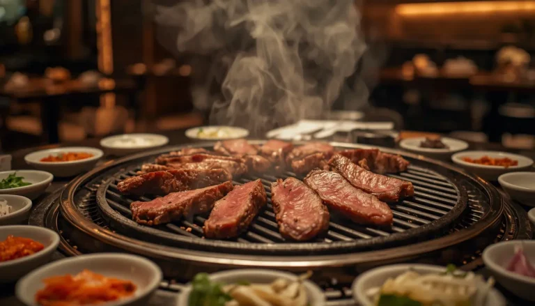 Ömi Korean BBQ Nürnberg – brutzelndes Fleisch auf dem Tischgrill mit Banchan-Beilagen