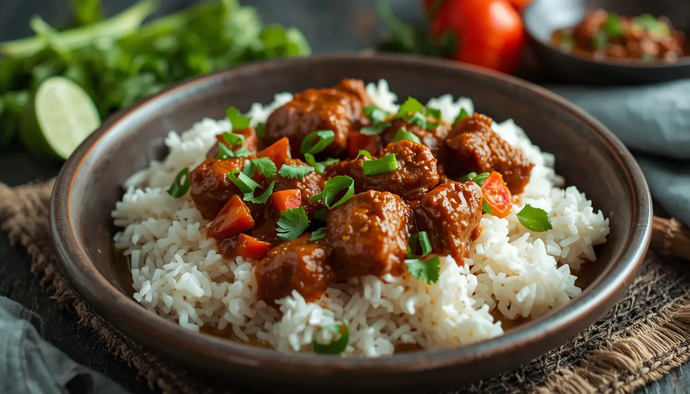 Authentisches indonesisches Rinder-Rendang in einem traditionellen Wok, langsam gekocht bis zur dunklen Perfektion, nach Padang-Art.