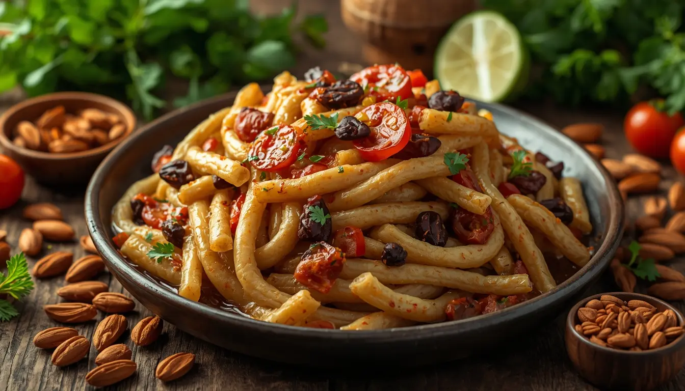 In Streifen geschnittene Kräuterseitlinge in einer dunklen Rendang-Sauce, die die Textur von geschmortem Rindfleisch imitiert, 16:9 Format.