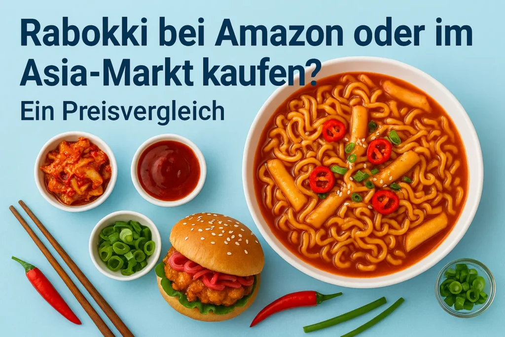Rabokki in weißer Schüssel mit Nudeln und Reiskuchen in roter Sauce, daneben Kimchi, Chili und Preisvergleichs-Text auf hellem Hintergrund
