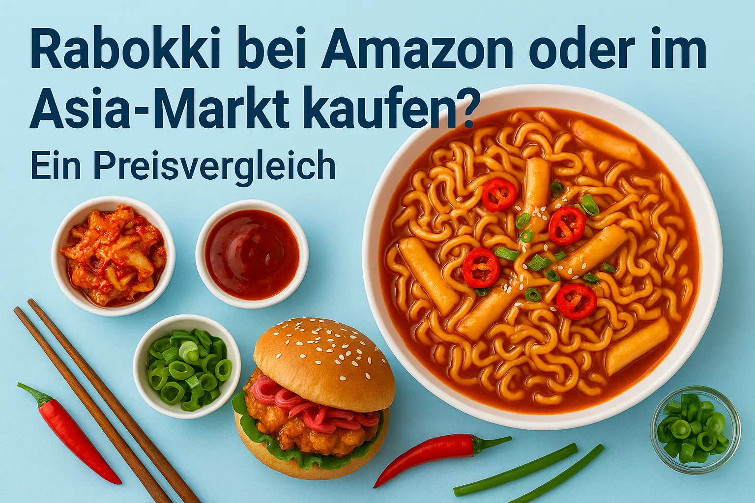 Rabokki in weißer Schüssel mit Nudeln und Reiskuchen in roter Sauce, daneben Kimchi, Chili und Preisvergleichs-Text auf hellem Hintergrund