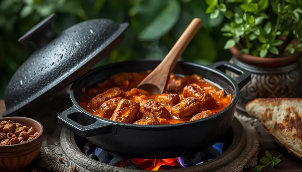 Ein schwarzer gusseiserner Dutch Oven im Garten, in dem ein dunkles Rinder-Rendang über glühenden Kohlen schmort, 16:9 Format.
