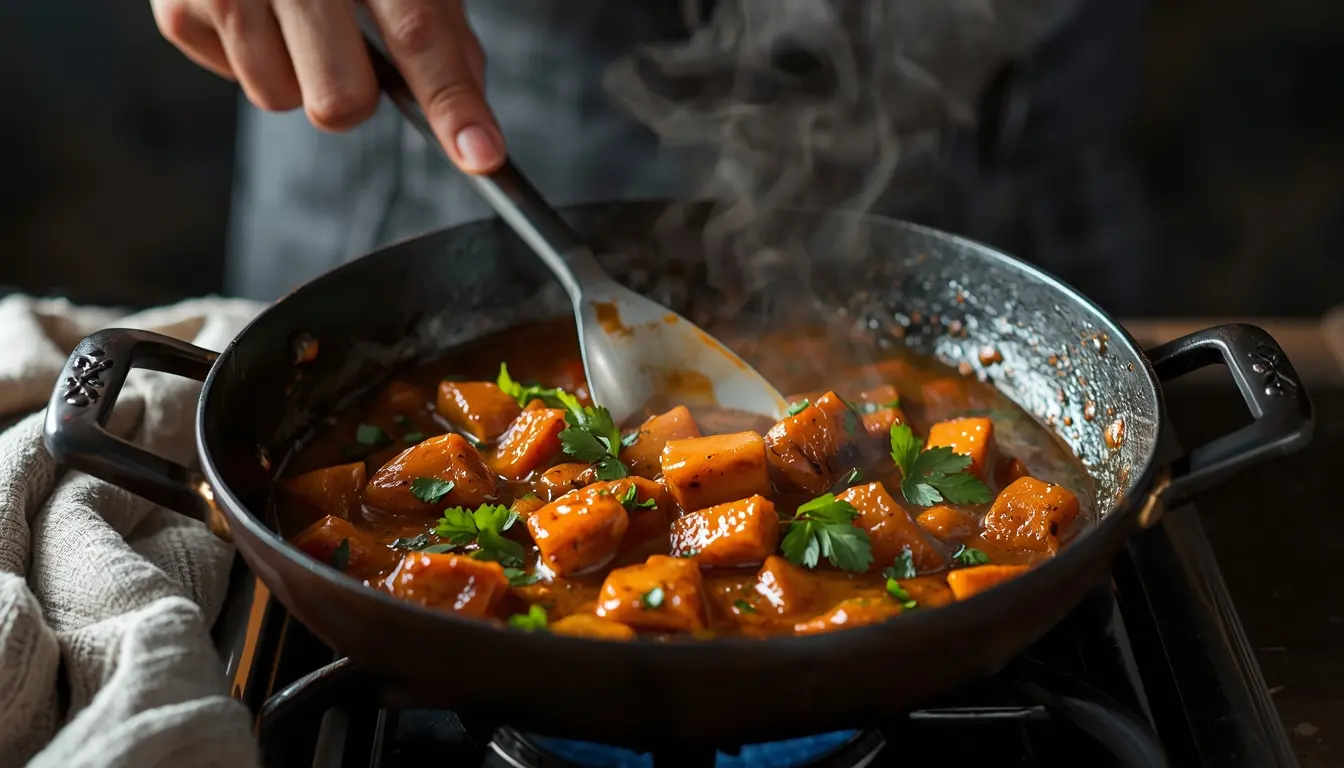 Vergleich von Rendang aus dem Schnellkochtopf und dem traditionellen Topf, Fokus auf die Fleischkonsistenz, 16:9 Format.