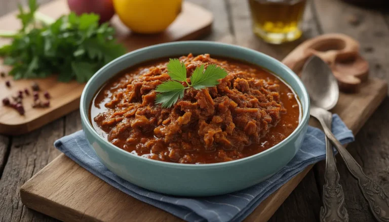 Eine Portion leichtes Rendang mit viel Gemüse und magerem Rindfleisch, serviert mit Vollkornreis, 16:9 Format.