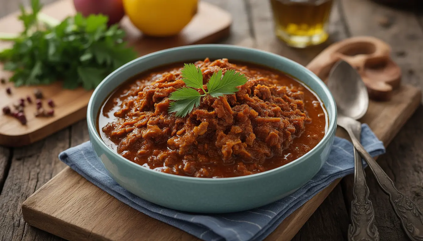 Eine Portion leichtes Rendang mit viel Gemüse und magerem Rindfleisch, serviert mit Vollkornreis, 16:9 Format.