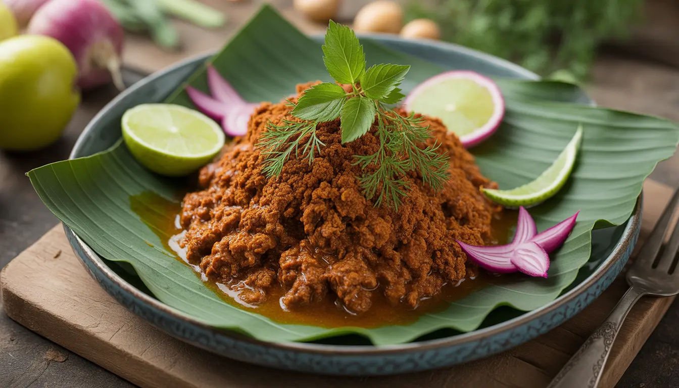 Keto-freundliches Rinder-Rendang in einer dunklen Kokosnusssauce, serviert mit Blumenkohlreis als Low-Carb-Alternative, 16:9 Format.