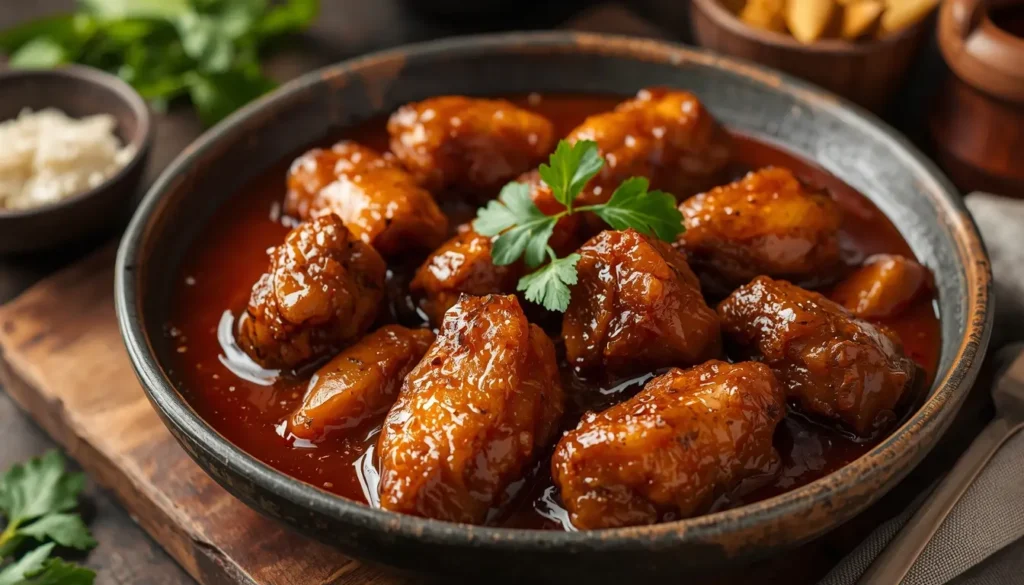 Ein Teller mit authentischem Rendang, dekoriert mit Limettenscheiben und Tamarindenpaste als Ersatz für Asam Kandis, 16:9 Format.