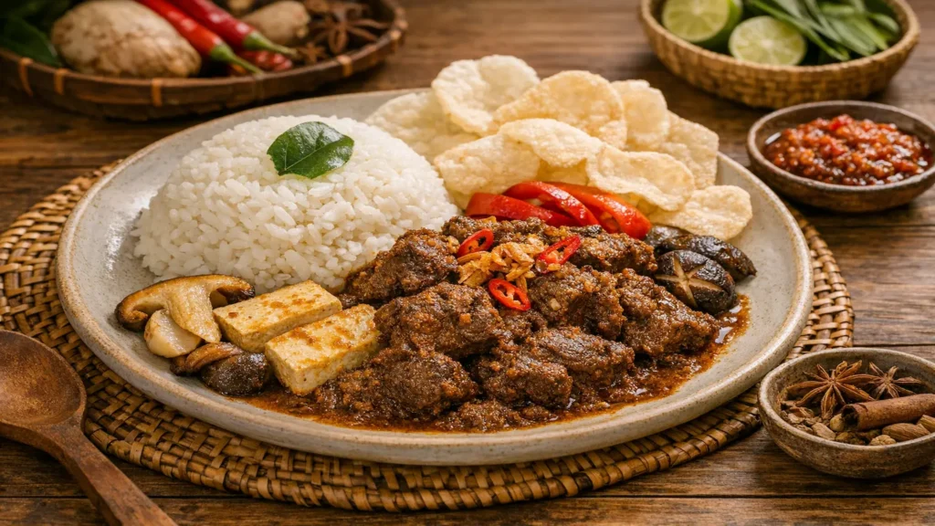 Schritt-für-Schritt-Zubereitung von indonesischem Rendang für Anfänger, fokus auf die richtige Konsistenz der Kokosmilch-Reduktion.