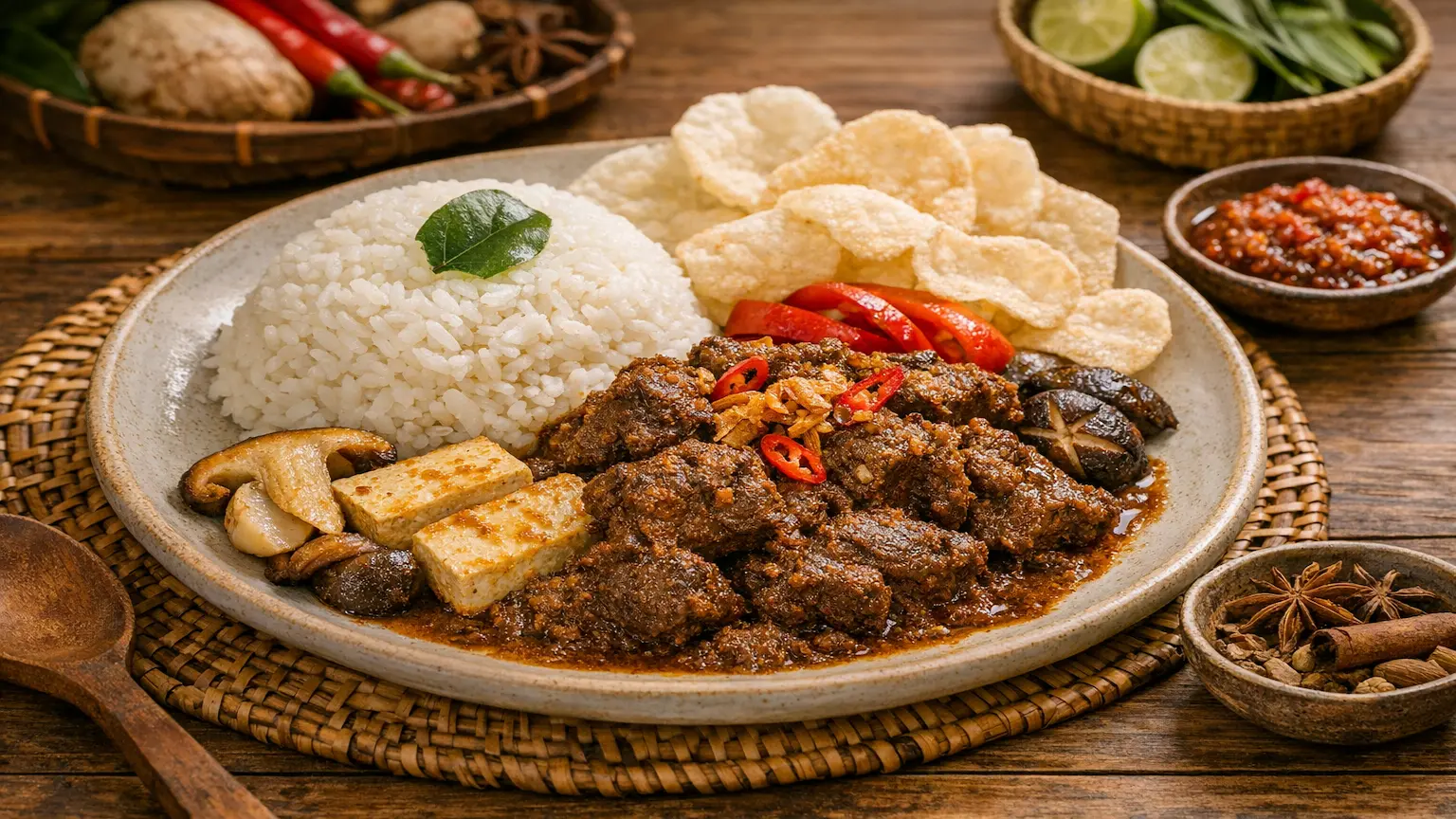 Schritt-für-Schritt-Zubereitung von indonesischem Rendang für Anfänger, fokus auf die richtige Konsistenz der Kokosmilch-Reduktion.