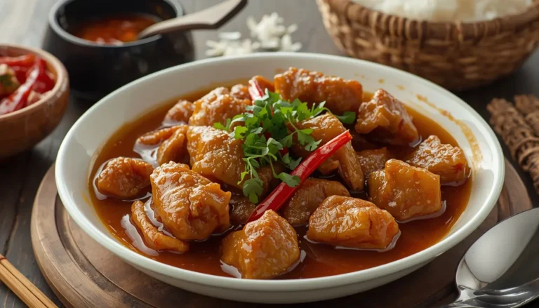 Ein fertiges indonesisches Rendang Gericht neben typischen Supermarkt-Zutaten wie Kokosmilch und gängigen Gewürzen, 16:9 Format.