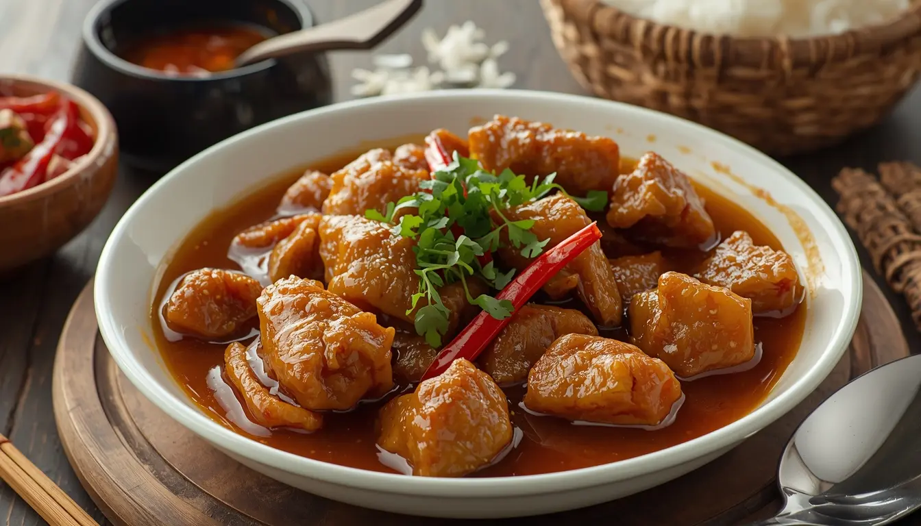 Ein fertiges indonesisches Rendang Gericht neben typischen Supermarkt-Zutaten wie Kokosmilch und gängigen Gewürzen, 16:9 Format.