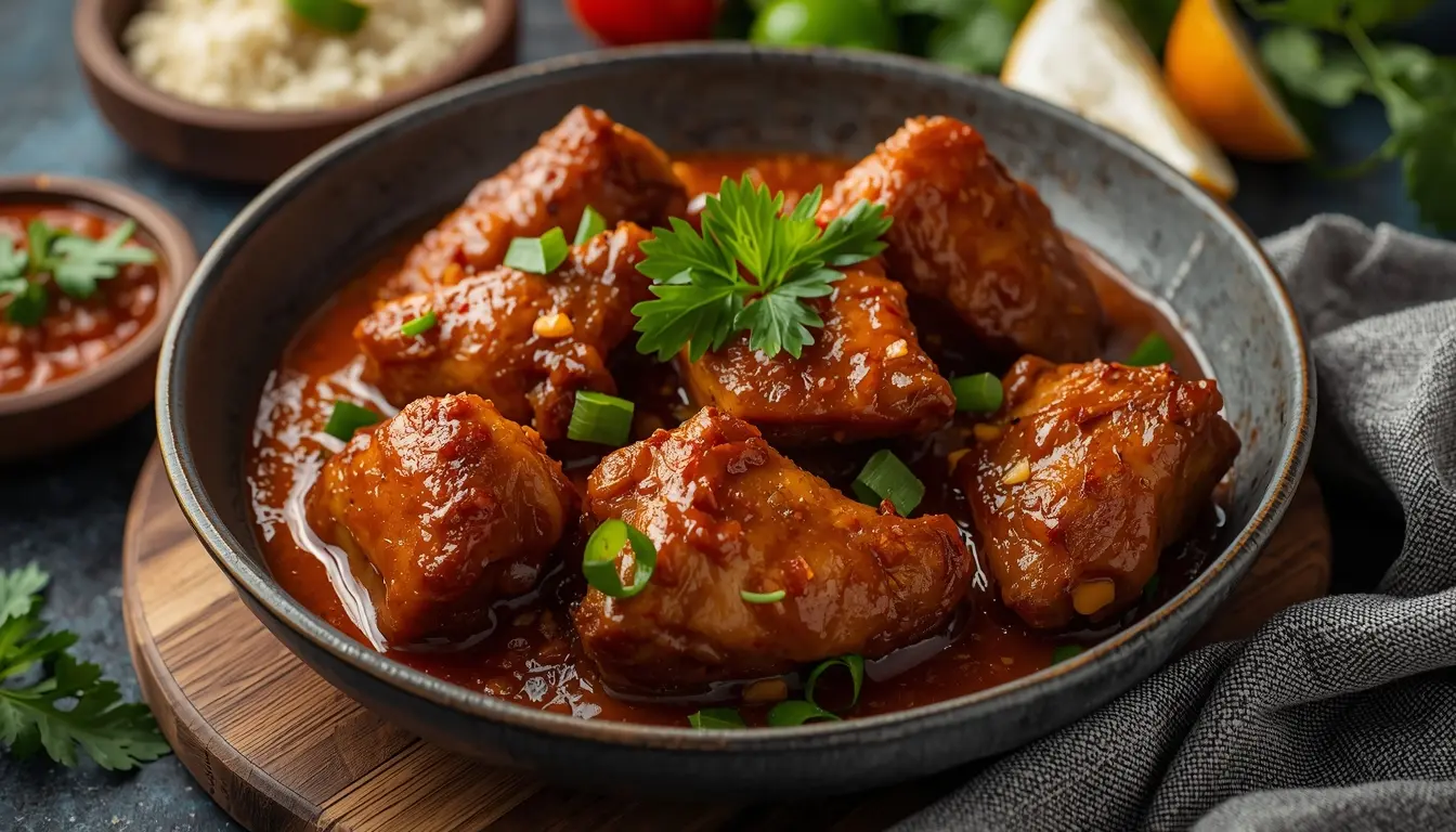 Zutaten für Rendang aus einem normalen deutschen Supermarkt, daneben das fertige Gericht in einer Schale, 16:9 Format.