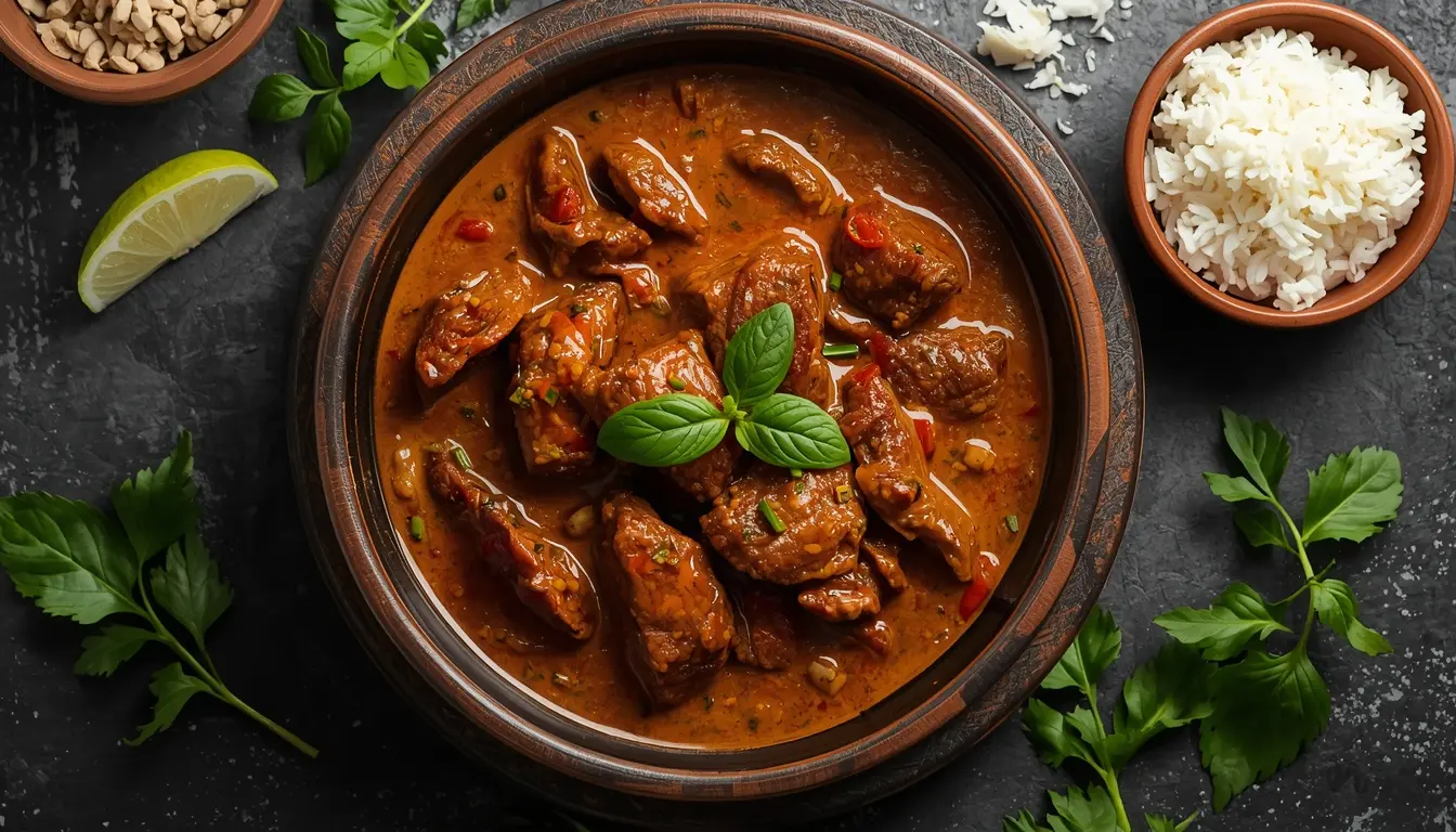 Vergleich zwischen indonesischem Rindfleisch-Rendang und thailändischem Curry in Keramikschalen, Asian Fusion Food Fokus.