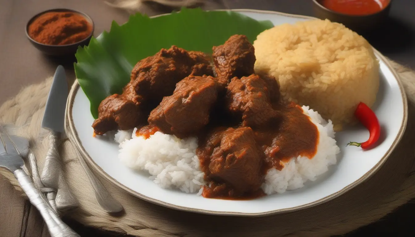 Ein Teller mit schnellem Rinder-Rendang, serviert mit gedämpftem Reis, zubereitet in nur 90 Minuten für die moderne Asian Fusion Küche.