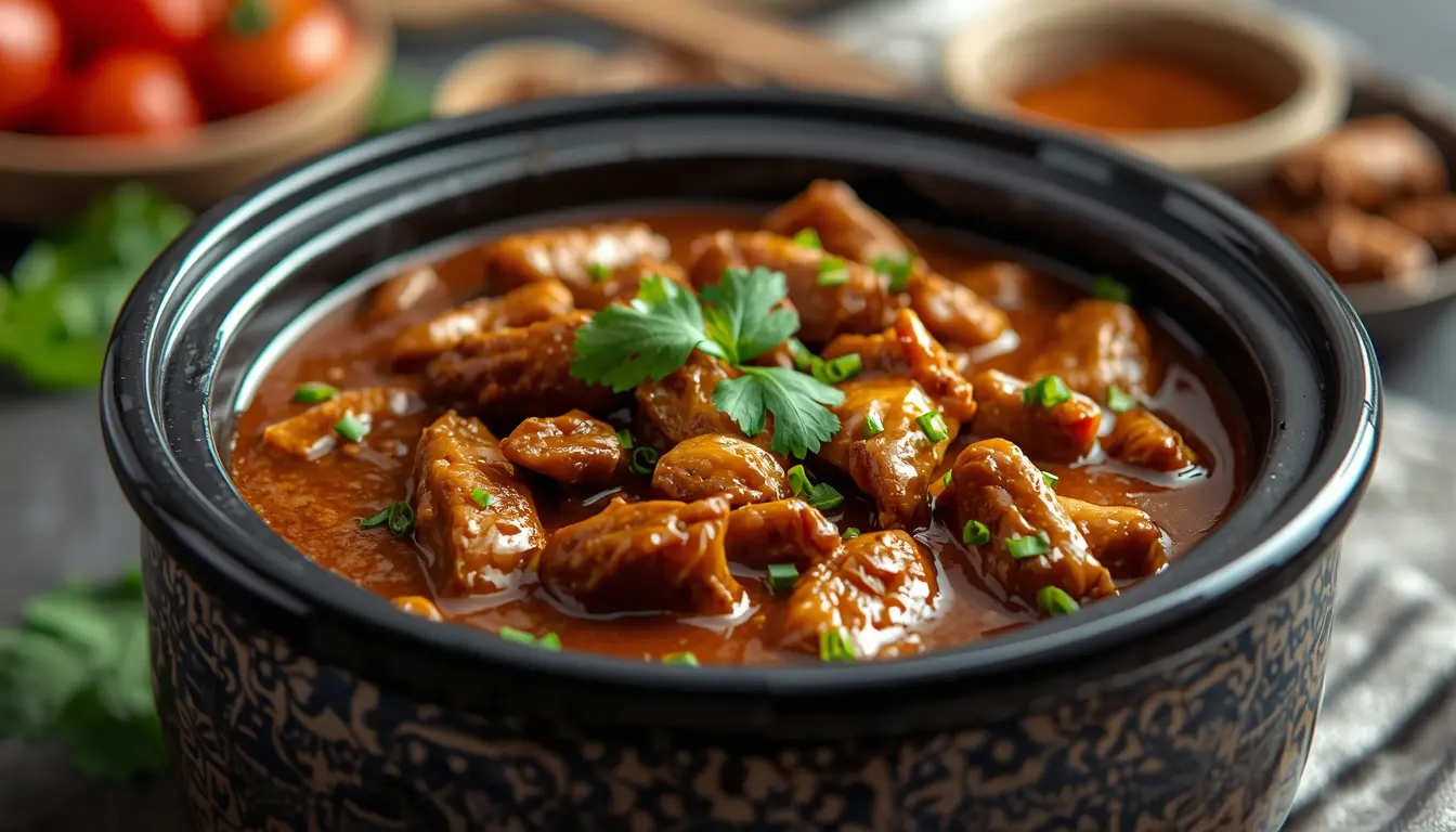 Zartes Rinder-Rendang, das langsam im Slow Cooker gegart wurde, mit reichhaltiger dunkler Sauce und aromatischen Gewürzen, 16:9 Format.