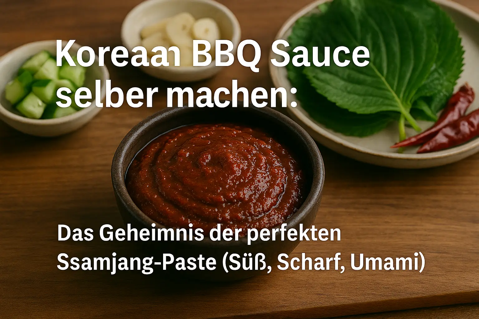 Eine Nahaufnahme von rötlich-brauner Ssamjang-Paste in einer kleinen Keramikschüssel, garniert mit grünen Zwiebeln und Sesamkörnern.