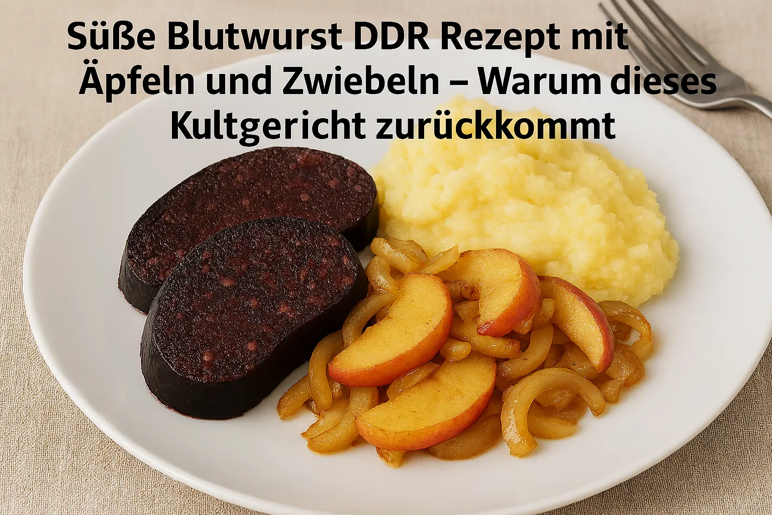 Traditionelle süße Blutwurst aus der DDR mit karamellisierten Äpfeln und Zwiebeln in der Pfanne