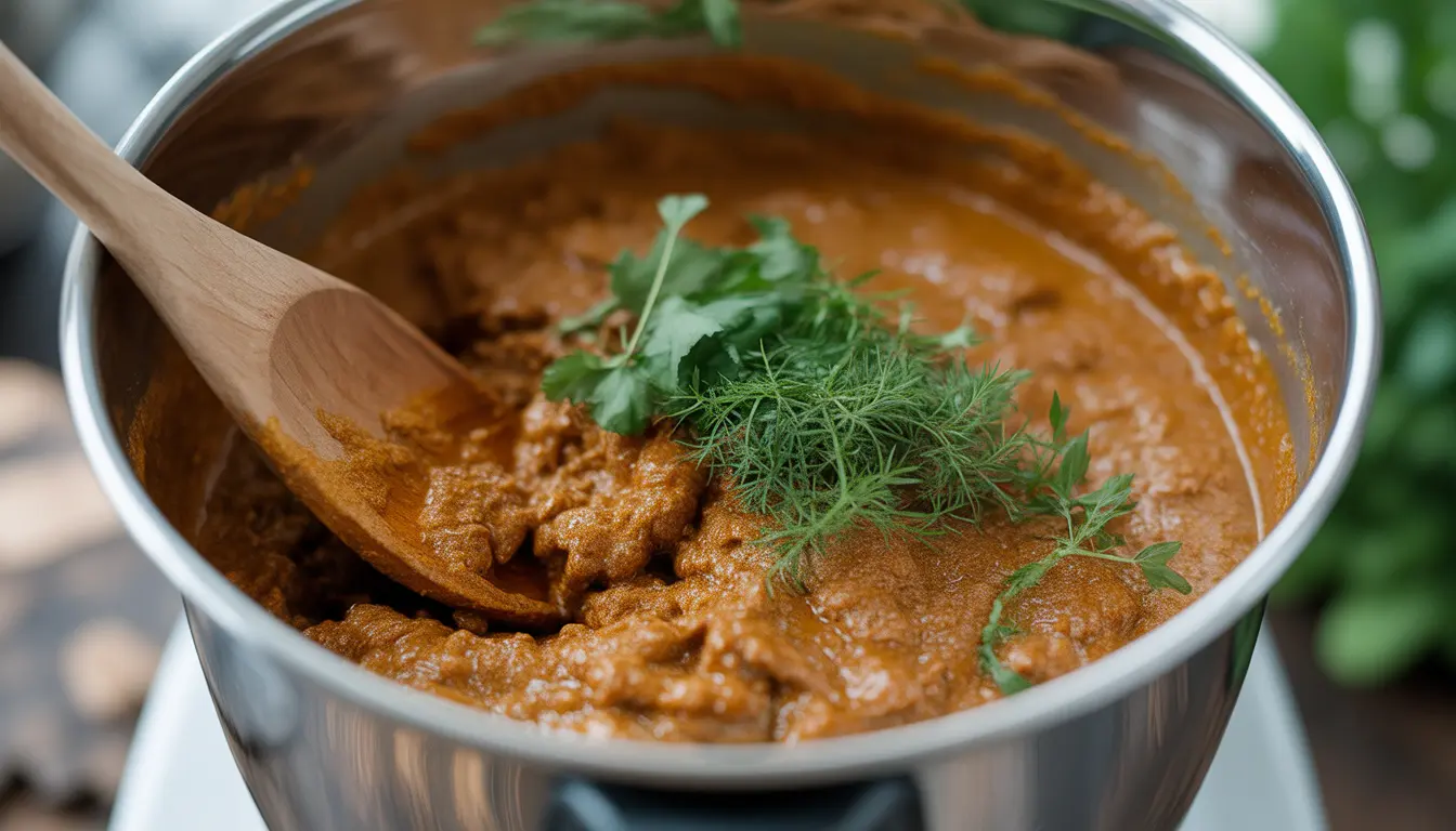Indonesisches Rinder-Rendang zubereitet im Thermomix, Detailansicht der sämigen Sauce und Fleischstücke, 16:9 Format.