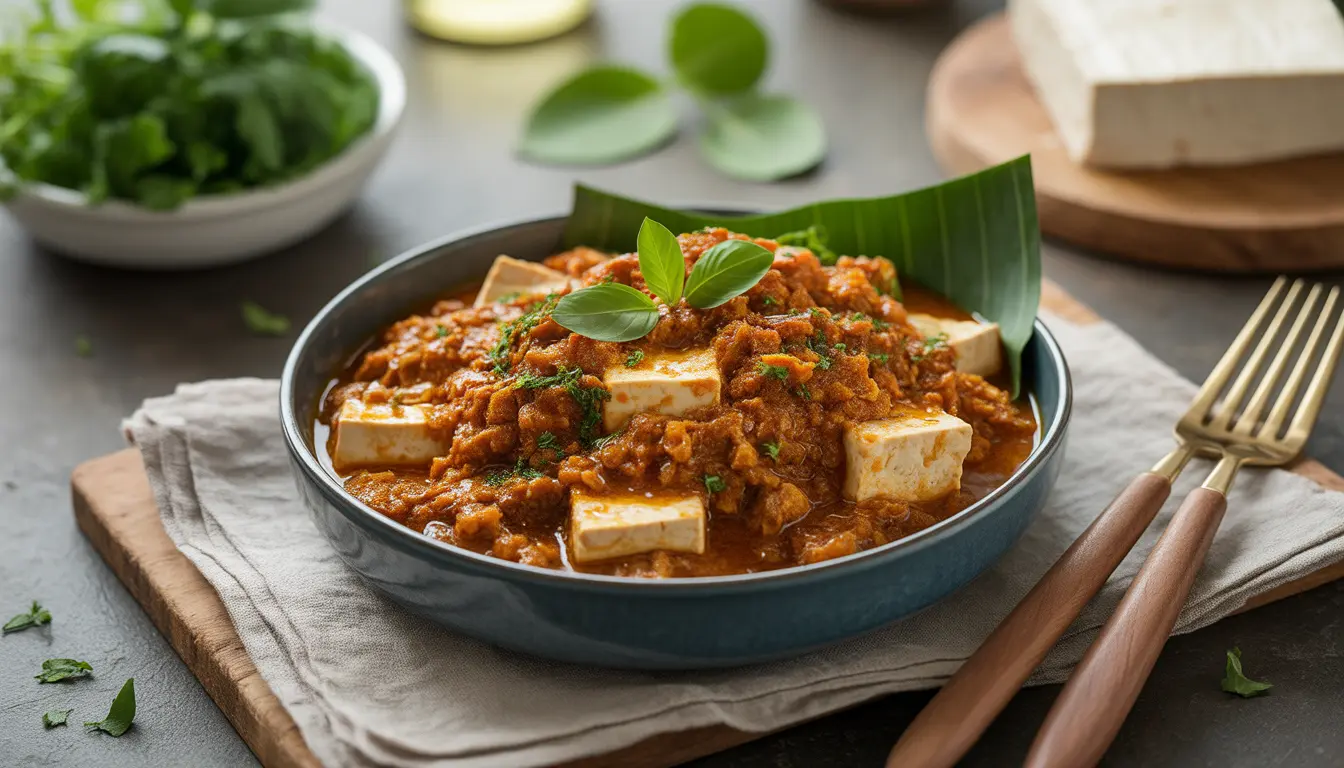 Knusprig angebratene Tofuwürfel in einer dunklen, sämigen Rendang-Sauce, serviert mit Jasminreis und frischen Frühlingszwiebeln, 16:9 Format.