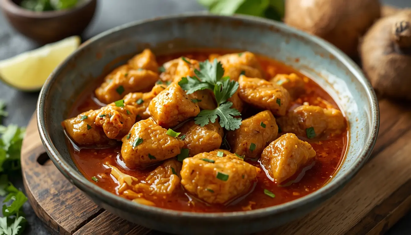 Ein Teller vegetarisches Rendang zubereitet mit junger Jackfruit, serviert mit duftendem Reis und frischen Kräutern, 16:9 Format.