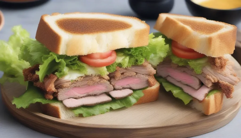 Japanisches Wagyu Katsu Sando mit perfekt rosa gebratenem Fleisch und knuspriger Panade.